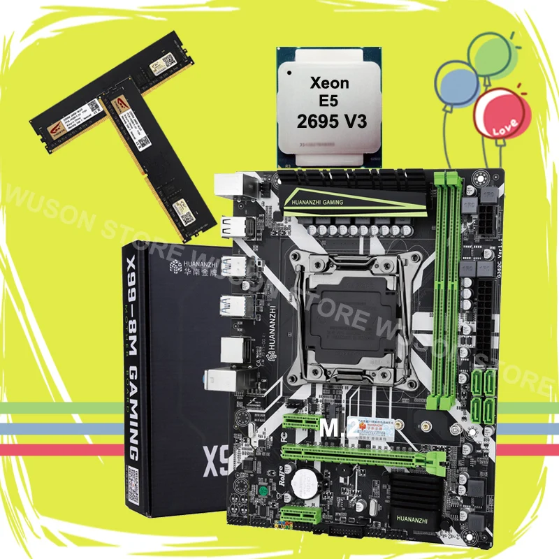 HUANANZHI X99 LGA2011 3 материнская плата комплект новая с M.2 NVMe слотом CPU Xeon E5 2695 V3 RAM 32G (2*16G)