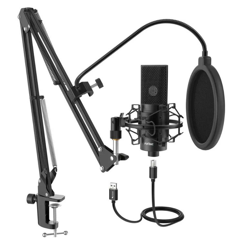 gaming microphone Fifine USB PC Condenser Microphone with Adjustable desktop mic arm shock mount for  Studio Recording Vocals  Voice, YouTube karaoke microphone