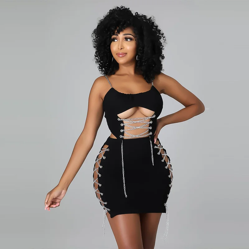 Women Clothing Set Chain Hollow Out Sling Crop Tops+Side Split Bandage Skirts Two Piece Matching Suits 2021 Summer Club Outfits