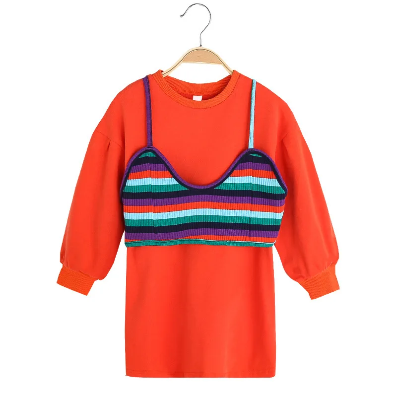 Платье для девочек; Модный жилет в полоску; комплект из 2 предметов; детская одежда для девочек с длинными рукавами и круглым вырезом; одежда для детей; костюм для малышей и подростков