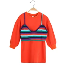 Платье для девочек; Модный жилет в полоску; комплект из 2 предметов; детская одежда для девочек с длинными рукавами и круглым вырезом; одежда для детей; костюм для малышей и подростков