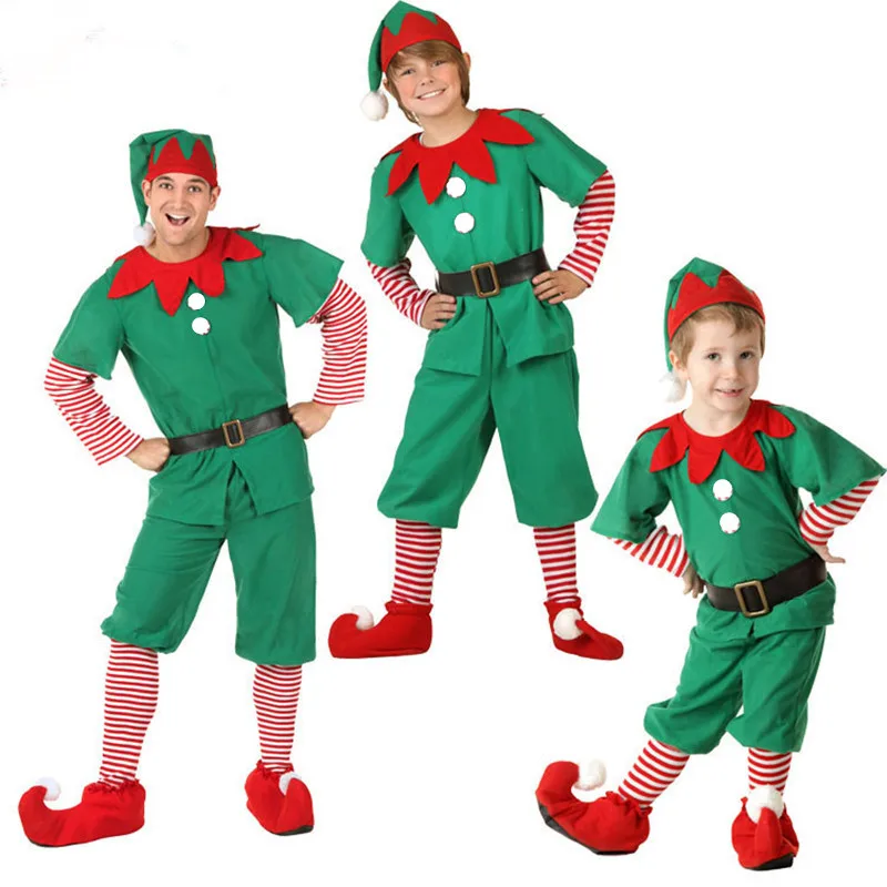 Женские и мужские для мальчиков и девочек Рождественский эльфийский костюм дети взрослые Семья зеленый эльф косплей костюмы карнавальные принадлежности для вечеринок Пурим
