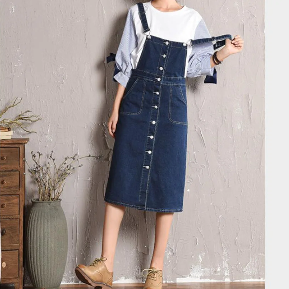 Две бретельки джинсовые юбки женские однобортные пуговицы Свободные повседневные джинсы юбка Harajuku подтяжки миди юбки плюс размер