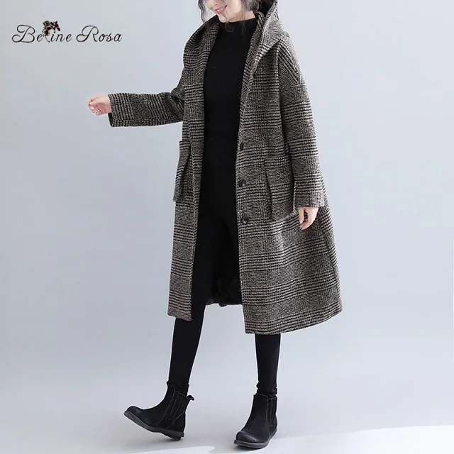 BelineRosa Женское зимнее пальто L XL 2XL размера плюс женская одежда Хаундстут повседневное Свободное длинное пальто большого размера YPYC0031 - Цвет: coffee