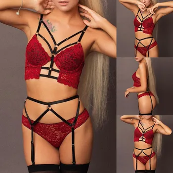

New Women Sexy Lace Plus Size Lingerie Set Solid Seamless Wireless Brassiere For Ladies Underwear With Garter Lingerie S-3XL2020