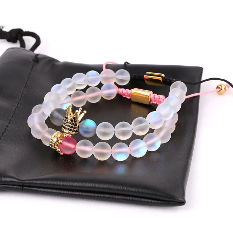New design AB Frost Crystal Beads CZ Crown Queen Charm Beads Men Macrame Lovers Bracelet Women - Image 2