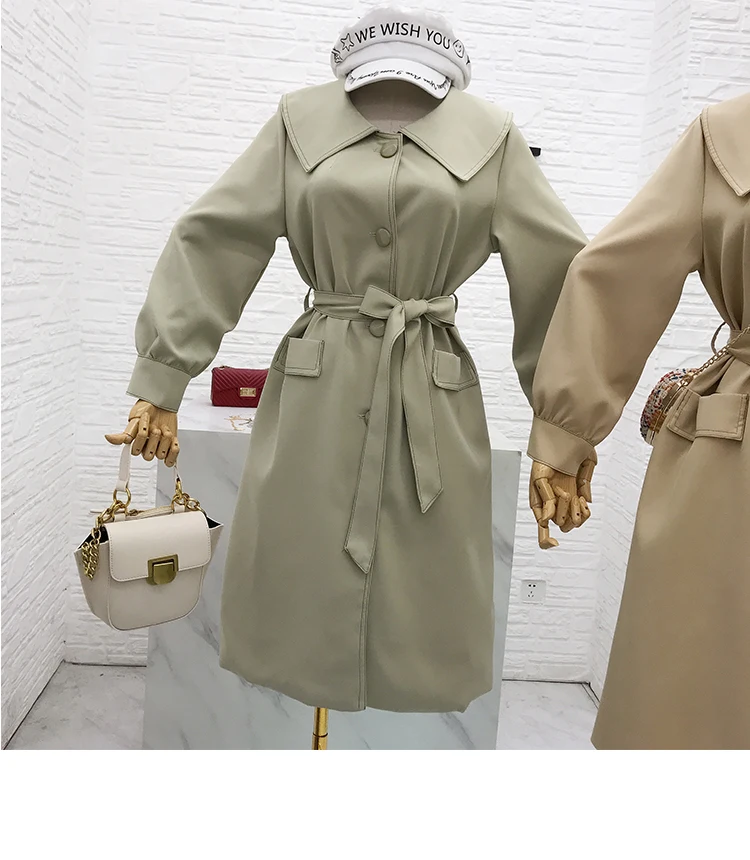 Женское длинное пальто с кукольным воротником, осень, новое корейское модное свободное однобортное пальто со шнуровкой, пальто для женщин