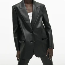 Black Long PU Leather Blazer Jacket Woman Trench Coat Suit Loose Fake Pocket Street Style Moto Biker Oversize Autumn Winter 2021