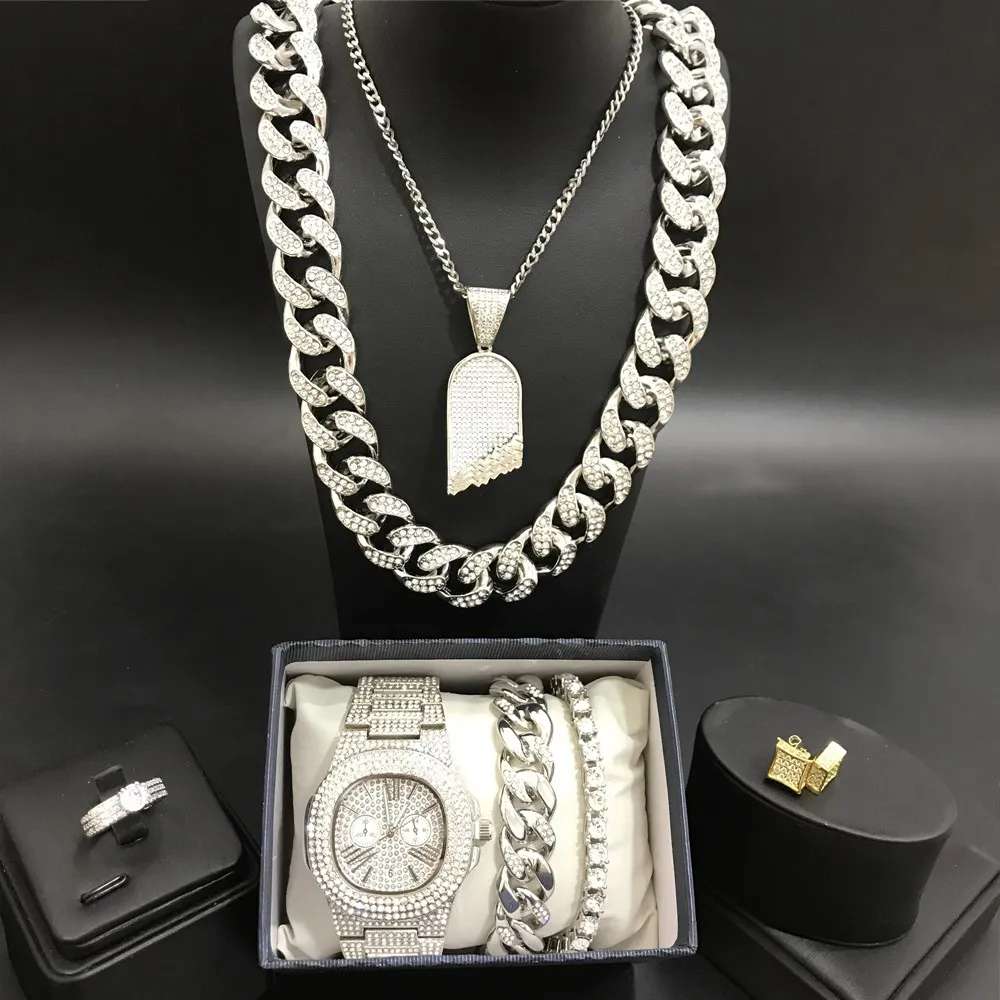 Роскошные мужские серебристые часы & ожерелье Braclete кольцо серьги комбо набор