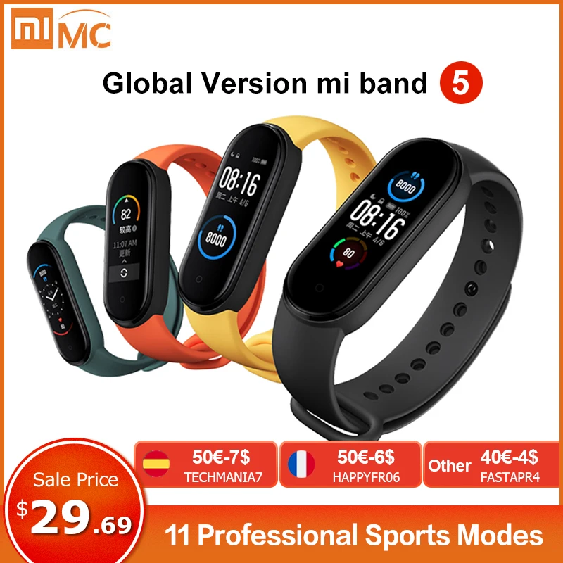 Pulsera inteligente Xiaomi Mi Band 5, reloj inteligente deportivo resistente al agua con Pantalla AMOLED de 4 colores y Bluetooth €30-€4 code: TECHMANIA4