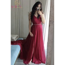 

Burgundy Prom Dresses 2021 Chiffon Long Pleats V Neck Sleeveless A Line Front Split A Line Elegant Evening Formal Party Gowns