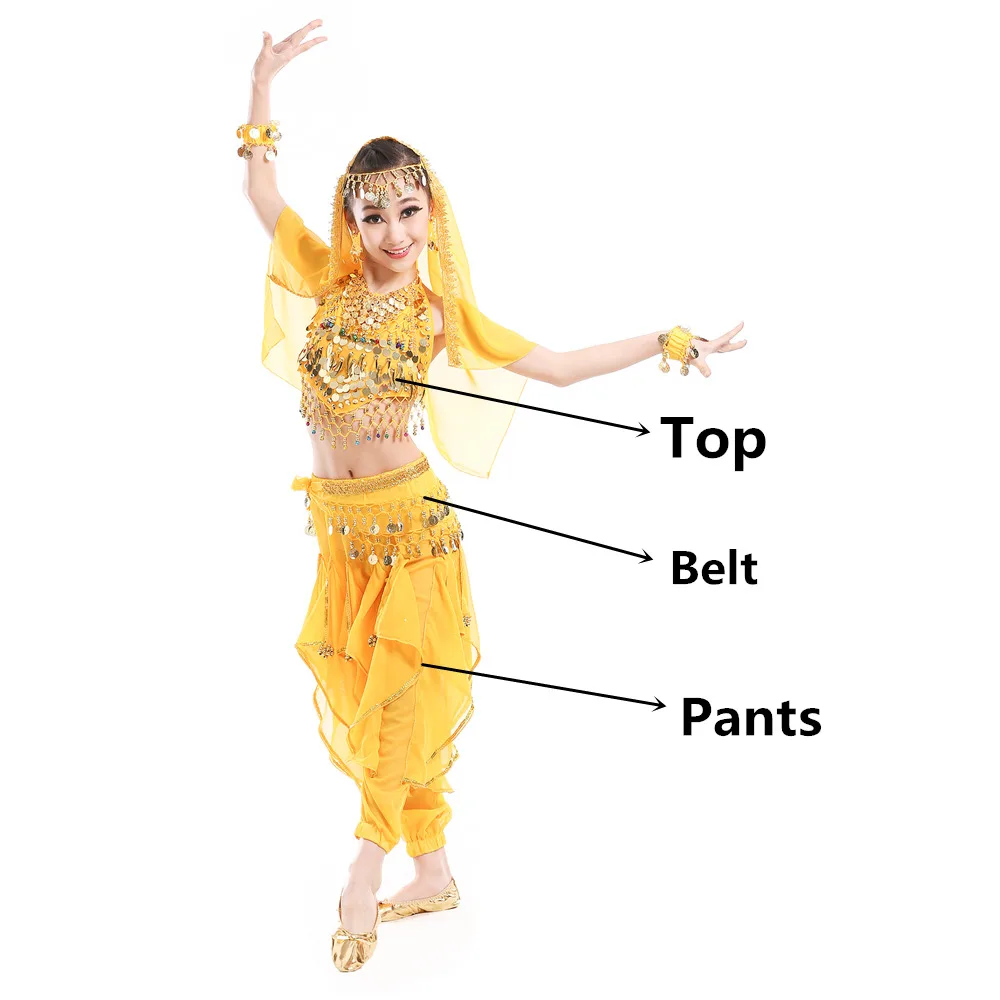 Yellow 3pcs Костюмы для танца живота, детские костюмы для восточных танцев живота, танцевальные костюмы для индийского танца живота, одежда для танца живота, детские индийские костюмы - Цвет: Yellow 3pcs