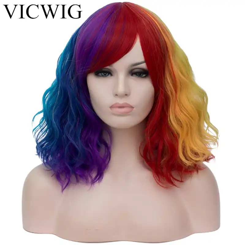 Peluca De Pelo Corto Sintetico Con Degradado Cosido Multicolor Para Mujer Con Flequillo Rizado Ondulado Negro Y Blanco Azul Y Rosa Pelucas Para Cosplay Aliexpress