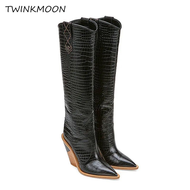 

Snake Pattern Women High Boots Winter 2019 Knee High Boots High Heels Wedges Shoes Point Toe Punk Sexy buty damskie