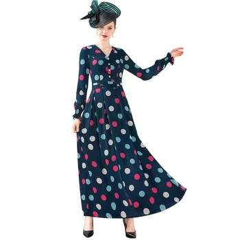 

Spring Autumn Chiffon Long Dress British Style Button Printed Slim Waist Party Elegant Dress Long Sleeves Ankle-Length DZ2472