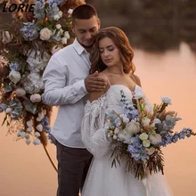 

LORIE Stripe Lace Off Shoulder Wedding Dresses Spaghetti Straps Puff Sleeves Sweetheart A-Line Bridal Gowns Backless Bride Dress