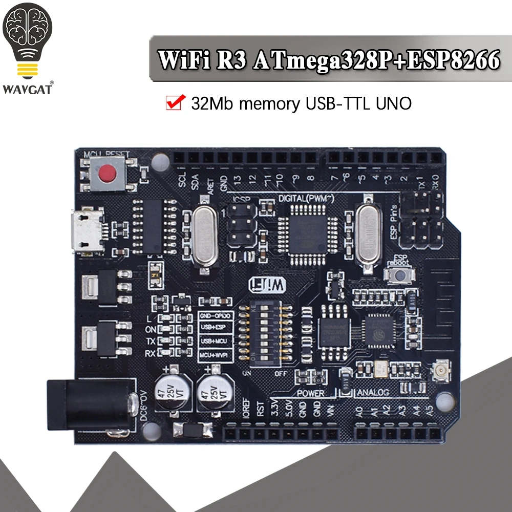 Wavgat Uno R3 + Wifi Atmega328P + Esp8266 (Memoria 32Mb) Usb-Ttl Ch340G Per Arduino Uno Nodemcu Wemos Esp8266 Un Nuovo Arrivo