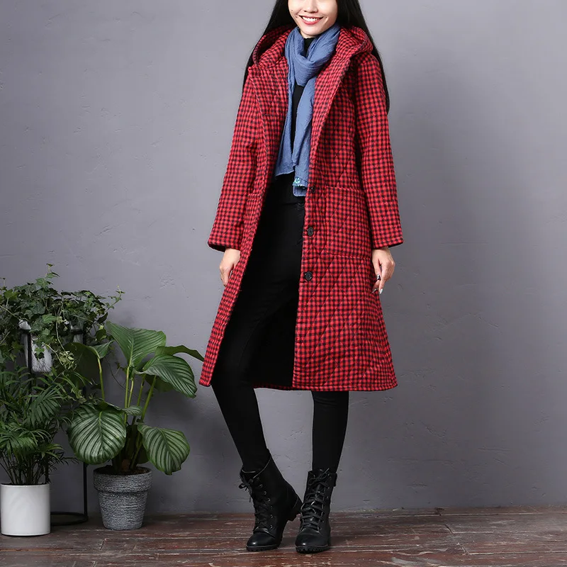 

Photo Shoot 9713 # Winter New Style Cotton-padded Clothes Large Size Dress Long Cotton Coat Warm Plaid Coat Loose-Fit Plus