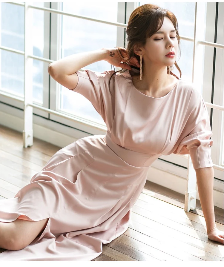 H Han queen, однотонное тонкое платье трапециевидной формы в Корейском стиле,, осеннее платье с рукавом 3/4, повседневные платья с завышенной талией, Vestidos