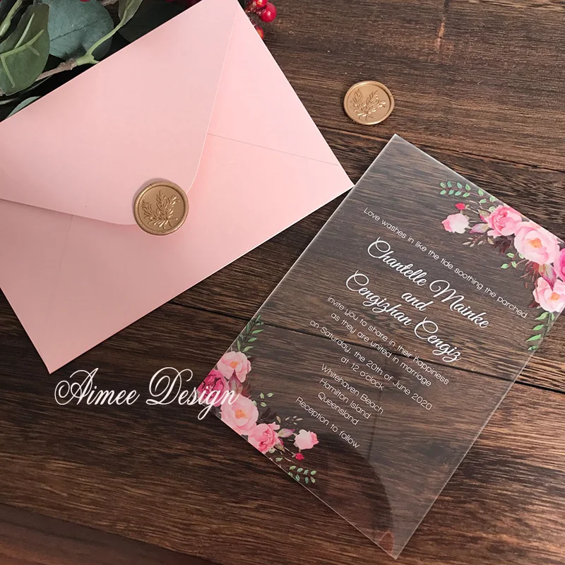  Clear acrylic wedding invitation with beautiful flower design，custom wax stamp  foil print logo env - 4000320657890