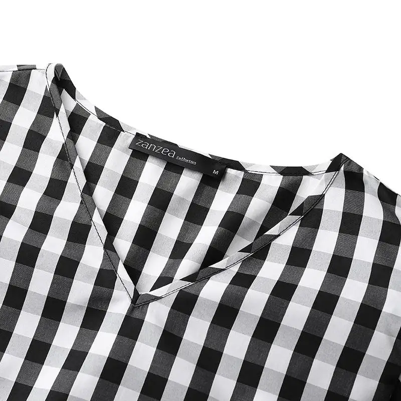 Stylish Summer Check Mid-Calf Dress ZANZEA Womens Puff Sleeve Sundress Vestidos Female V neck Casual Robe Femme Plus Size 5XL 7
