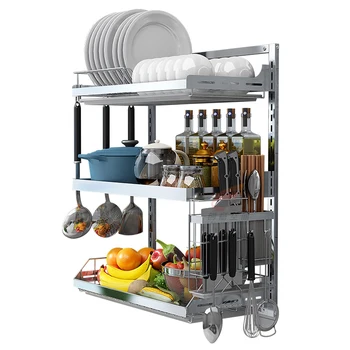 

304 stainless steel wall-mounted dish rack drain rack Free punching kitchen rack knife chopsticks drying dish storage rack