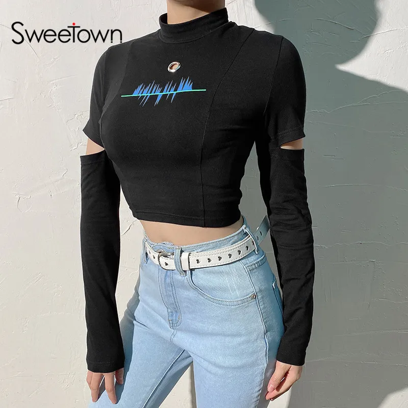 Sweetown/короткий топ с длинным рукавом и вырезами, водолазка, футболки, новинка, Осень-зима, женская черная футболка в стиле панк, готика