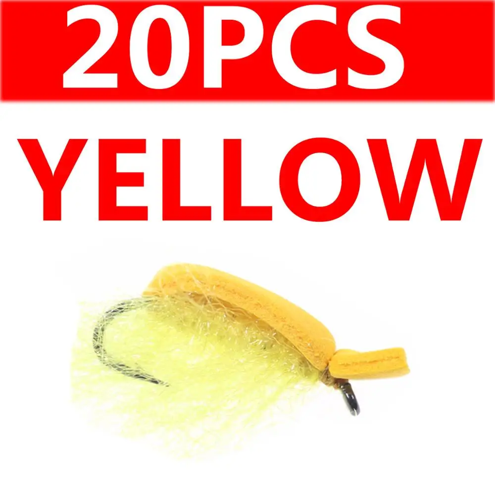20pcsyellow 20 шт. плавающая пена Жук муха сухая рыба летающая форель рыболовные крючки мухи искусственные Pesca насекомое рыба приманка колючий крючок Размер 12 - Цвет: 20pcsyellow