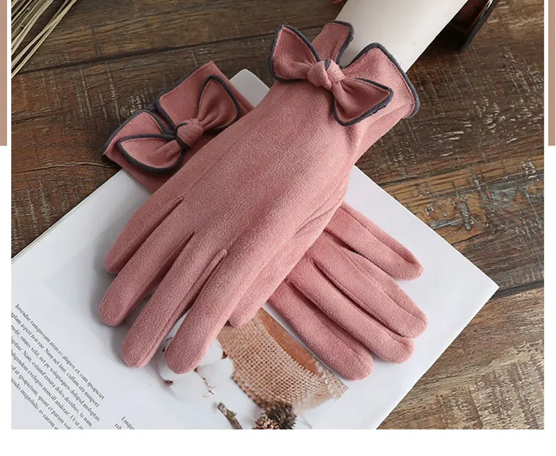 HECATAL Women Ski Gloves Windstopper Leisure Mittens Women Suede Touch Screen Gloves Autumn And Winter Outdoor Bow Elegant Warm