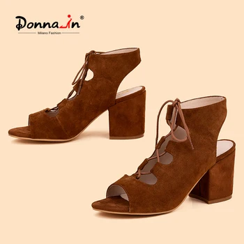 

Donna-in 2020 Lace Up Block Suede Sandals For Women High Heels Rome Summer New Female Shoes Black Brown Fashion Gladiator Heels