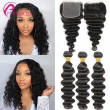 

30 40 Inch Loose Deep Wave Bundles With Closure Brazilian Remy Human Hair Weave Bundles With Frontal 4X4 5X5 6X6 HD Lace Closure