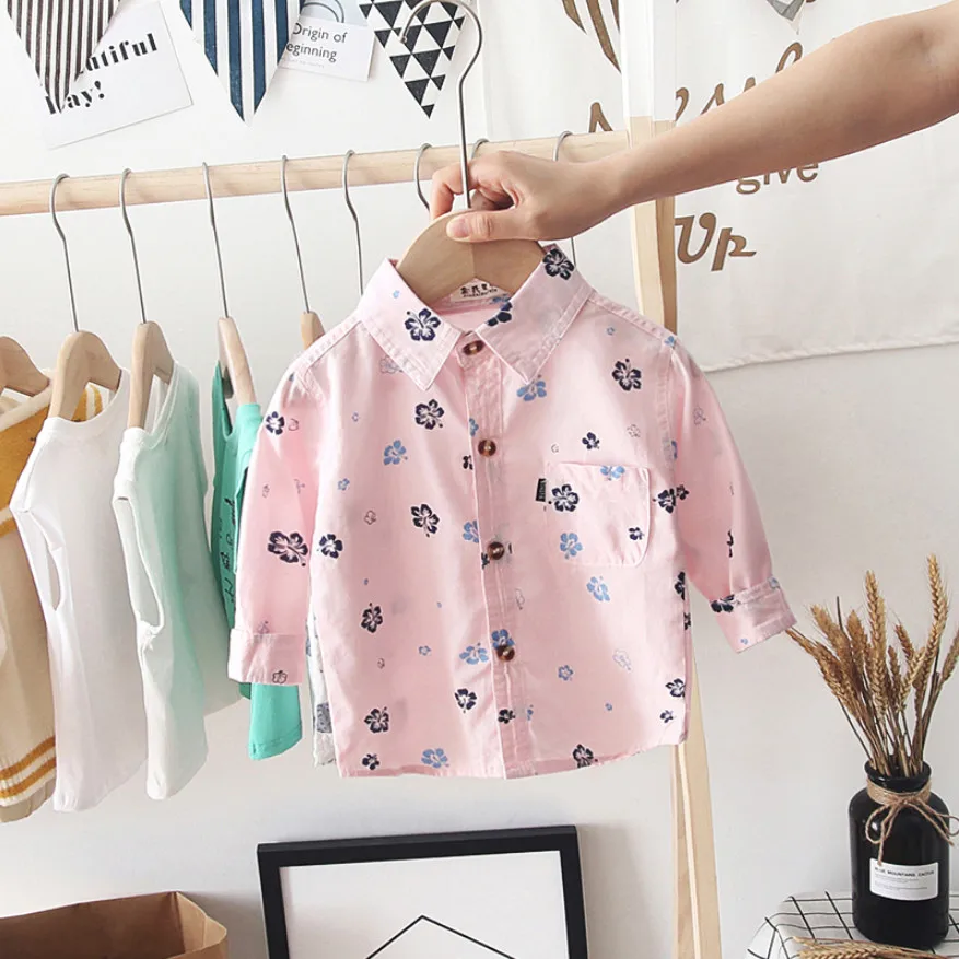 Новые рубашки с длинными рукавами для маленьких девочек модные детские блузки с цветочным принтом для девочек детская одежда хлопковые рубашки для маленьких мальчиков и девочек Подарки От 1 до 10 лет - Цвет: Розовый