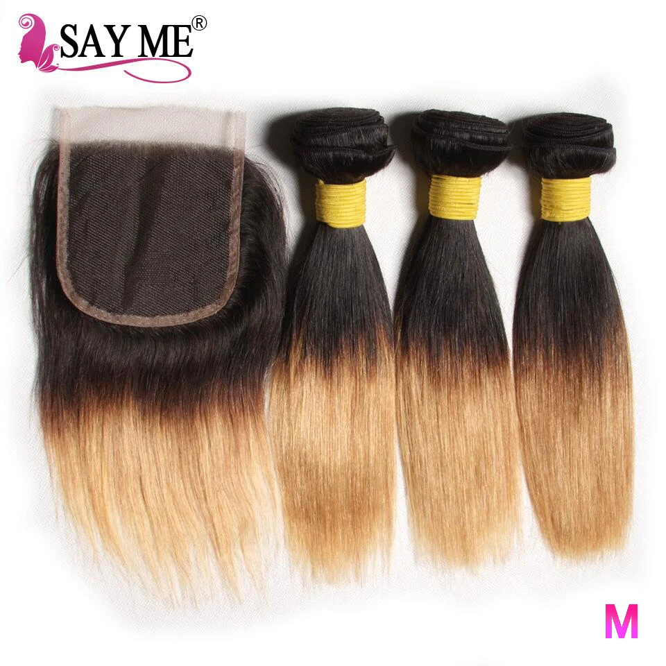 1B27 Ombre Straight Hair Bundles With Closure Brazilian Hair Weave Bundles With Closure Remy Human