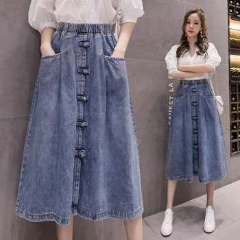 

Plus Size 5xl Denim Skirt Women Summer 2020 New Elastic High Waist Vintage Single-breasted Button Pocket Slim A Line Midi Skirt