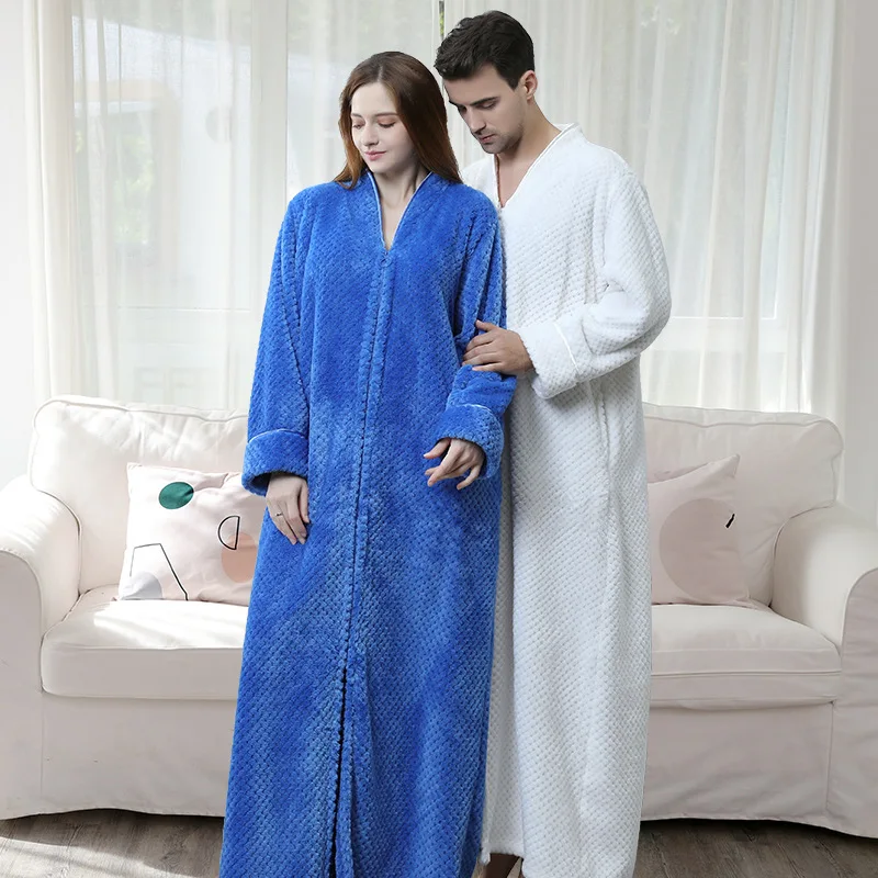 

Plus Siz Women Winter Bath Robe Zipper Luxury Flannel Peignoir Mariage Pregnant Bathrobe Coral Fleece Long Thick Warm Robes 2019