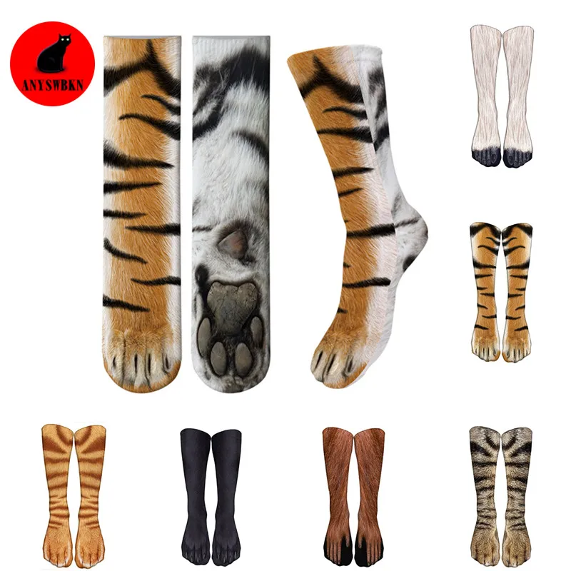 Новые носки с объемным принтом в виде лап животных для взрослых, длинные эластичные дышащие носки унисекс с изображением кота, белые носки с изображением медведя, волка, женские носки с изображением тигра