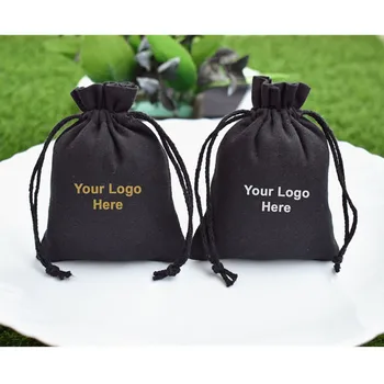 

50pcs custom black Jewelry Packaging with your Logo Wedding Favors Bag Jewelry bags Cotton Drawstring Bags canvas Small Pouches
