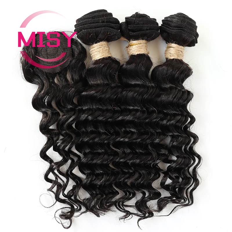 Short Deep Wave Bundles with Closure 100% Natural Human Hair Brazilian Hair Bundles with Machine Made Closure Non-Remy
