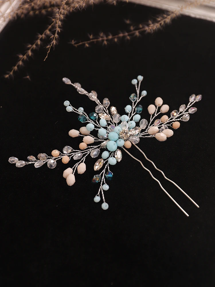 Bohe Wedding Hair Accessories Set Blue Rhinestone Crystal Bride Hair Pin and Earrings Women Ornaments Bridal Headwear