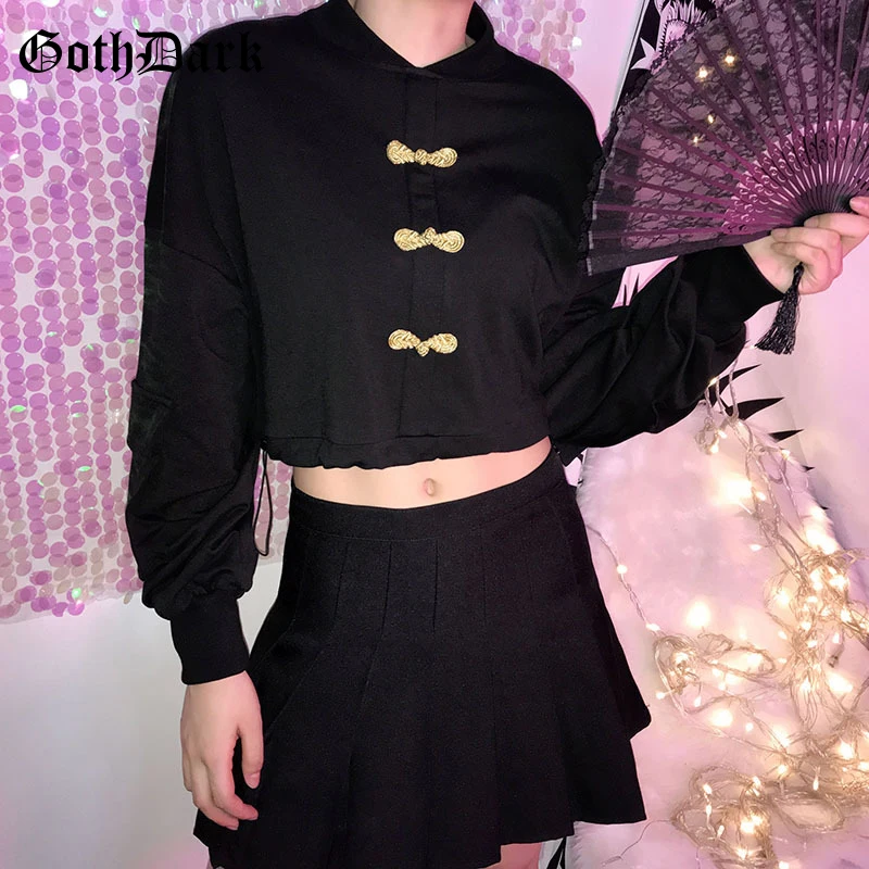 

Goth Dark Black Vintage Button Gothic Sweatshirt Women Harajuku Cropped Pockets Longsleeve Autumn Winter 2019 Sweatshirt Female
