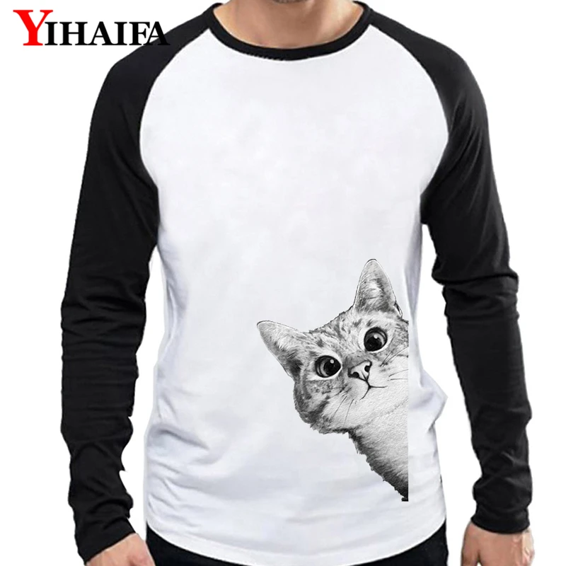 

Newest Men Long Sleeve T Shirts 3D Cat Print Graphic Tees Funny Animal Printed White Casual Tee Tops Couple T-shirt
