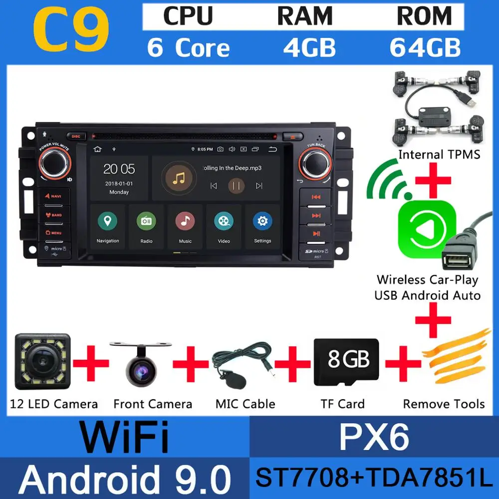 PX6 4G+ 64G Android 9,0 Автомобильный DVD радио gps для Jeep Wrangler Компас Commander Cherokee Dodge caliber путешествие Liberty CarPlay DSP - Цвет: PX6 Wl CarPlay TPMS