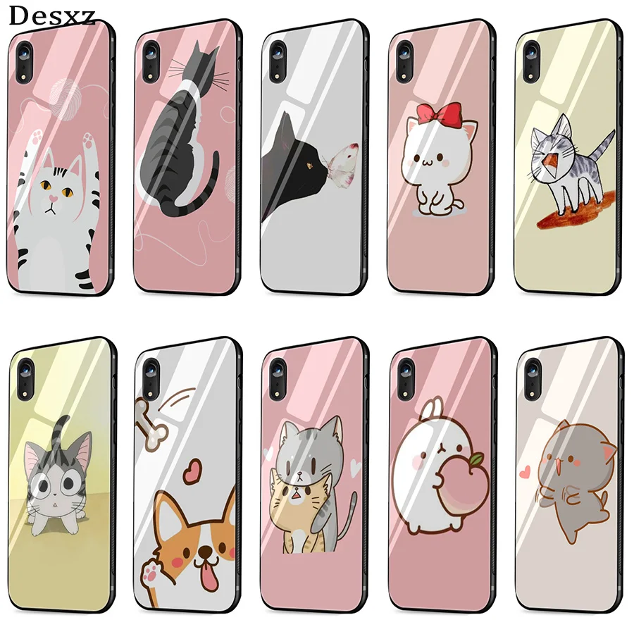 Desxz Kawaii Molang Anime Dog Cartoon Cat Glass Case Phone For iPhone 5 5s SE 6 6s 7 8 Plus XR X XS Max Cover Protection |