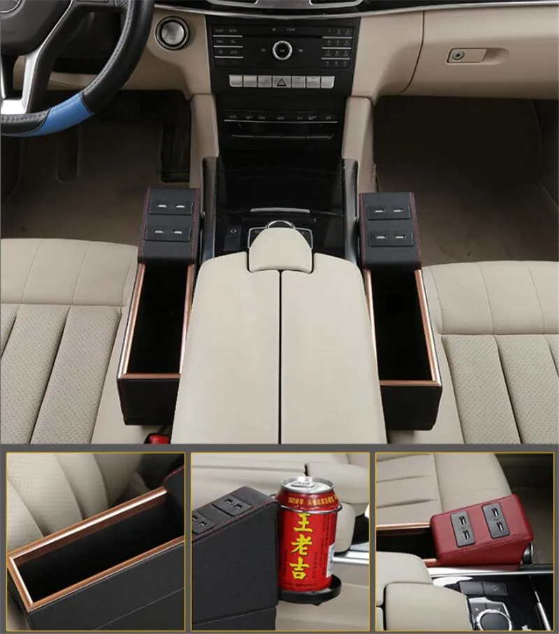 

Car Seat Crevice Storage Box Cup Drink Holder Organizer Leather Four USB Charging Black Red Beige Brown