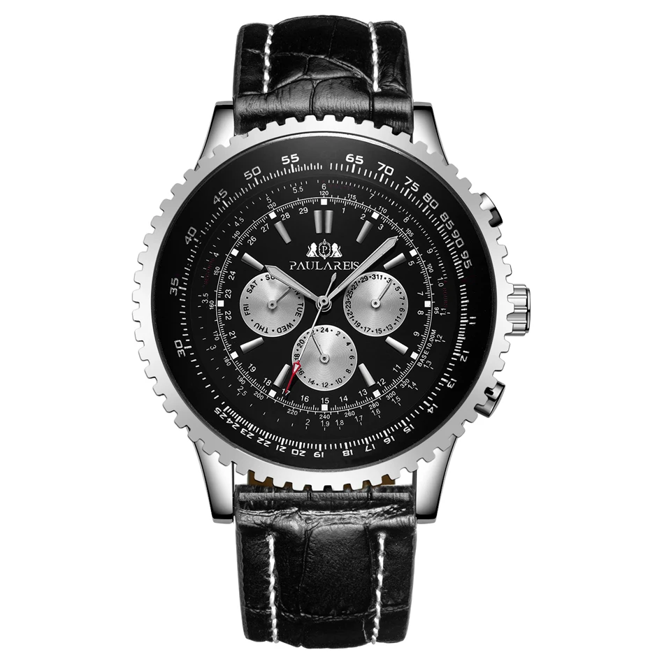 Bracelet en cuir véritable pour hommes, mécanique à remontage automatique, en acier inoxydable, noir, marron, bleu, sport, grande taille 50mm_voghion.com