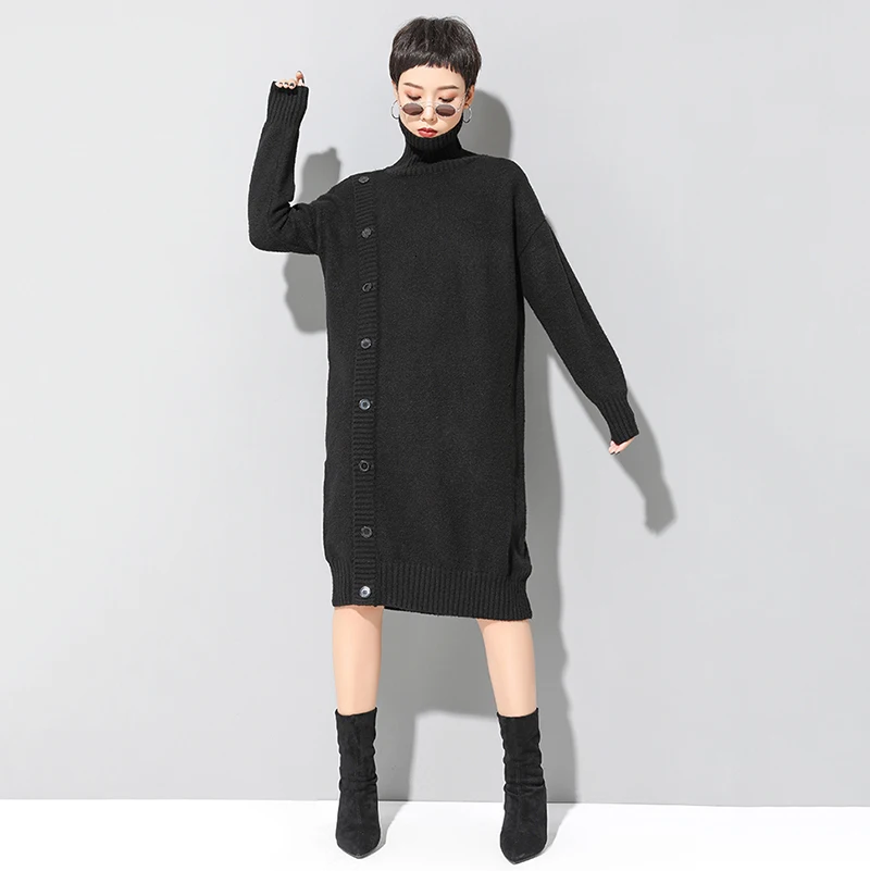 [EAM] женское черное вязаное платье большого размера с разрезом на пуговицах, новинка, высокий воротник, длинный рукав, свободный крой, мода весна-осень, 1H881