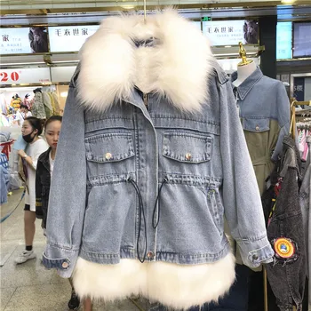 

2019 Winter Fur Long Jeans Jacket Women Double Pocket Thick Warm Denim Parka Winter Big Fur Plus Size Coat For Women