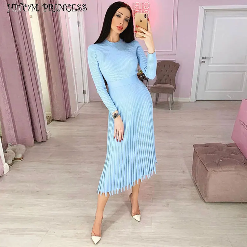 

HITOM PRINCESS Long Sleeve Pleated Midi Dress Women Korean Sweater Dress Office Ladies Knitted Winter Dress For Women Christmas