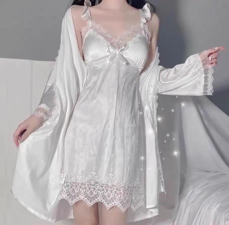 Tanie QWEEK Satin Sexy Fairy sukienki szata zestaw kobieta 2 sztuk jedwabna bielizna sklep