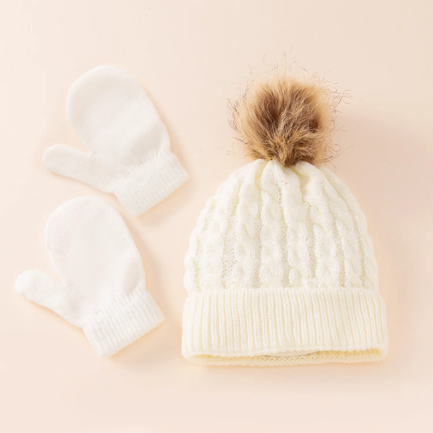 2 Pcs/Set Winter Warm Baby Boy Girl Hat Glove Set Soft Solid Color Toddler Pompom Beanie Glove Knitted Cotton Autumn Cap